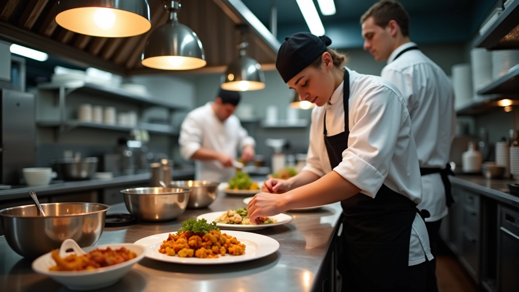 Professional restaurant kitchen showing food preparation and chef team during service