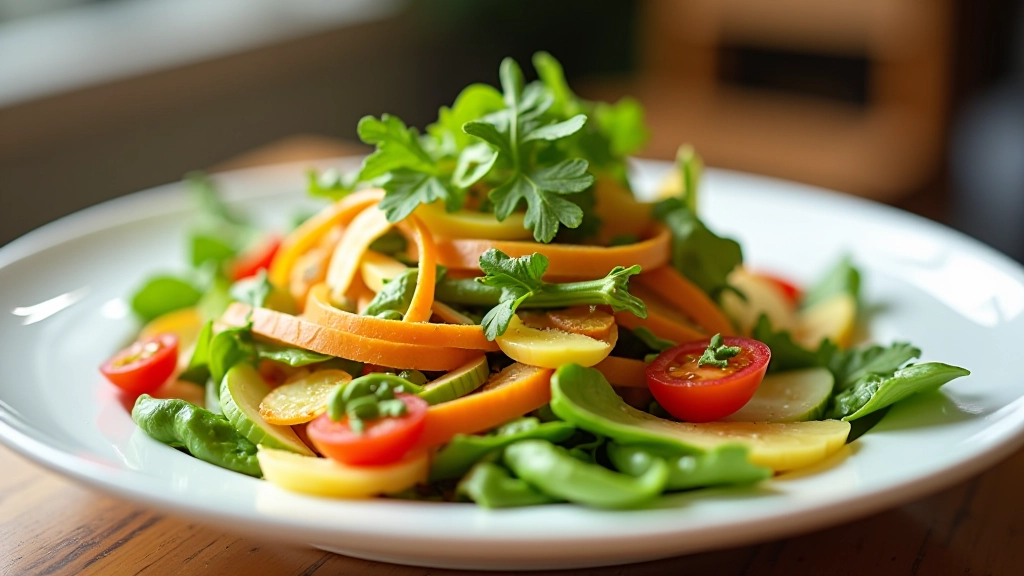 Fresh colorful salad with mixed vegetables on white ceramic plate