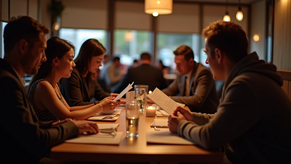 Group of diners at restaurant table examining menus together