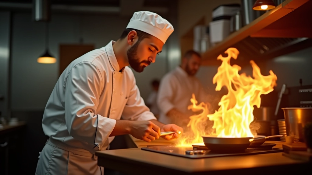 Professional kitchen staff preparing meals at cooking station with flames and pans