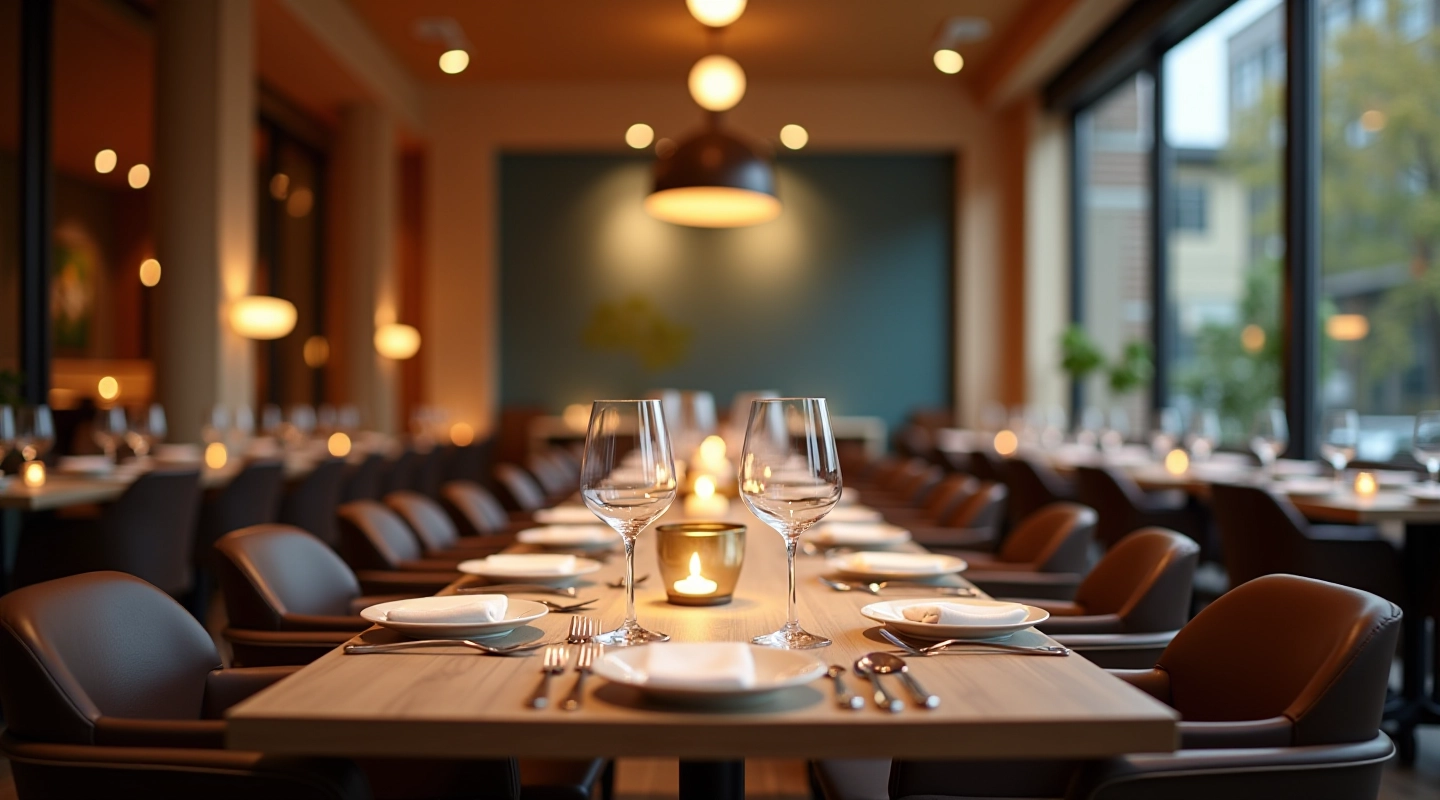 Elegant restaurant interior showcasing professional dining setup with warm lighting and table arrangements