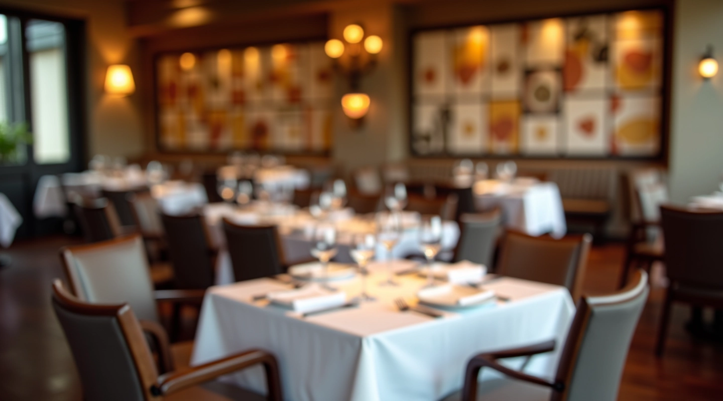 Restaurant interior with tables set for dinner service, warm lighting