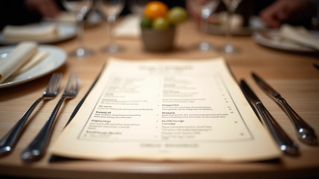 Close-up of restaurant menu with wine glasses and dining setup