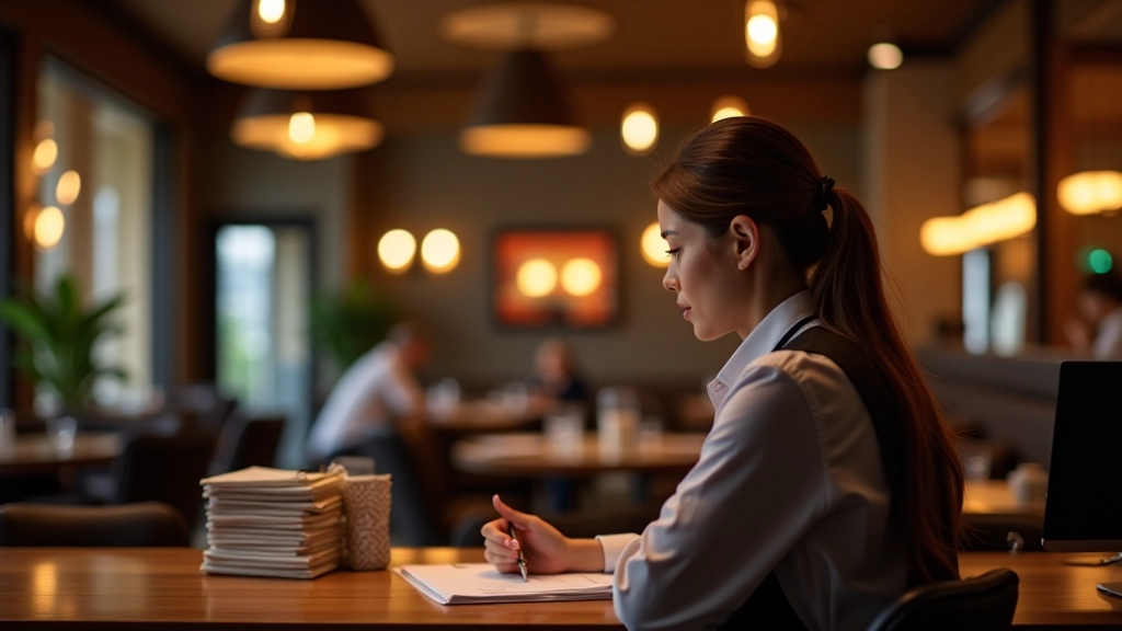 Restaurant host speaking on phone at reception desk with reservation book visible