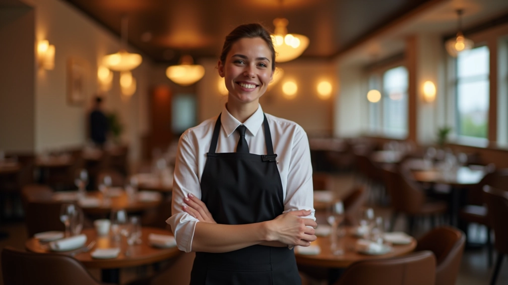 Restaurant dining room with server taking reservation at host stand