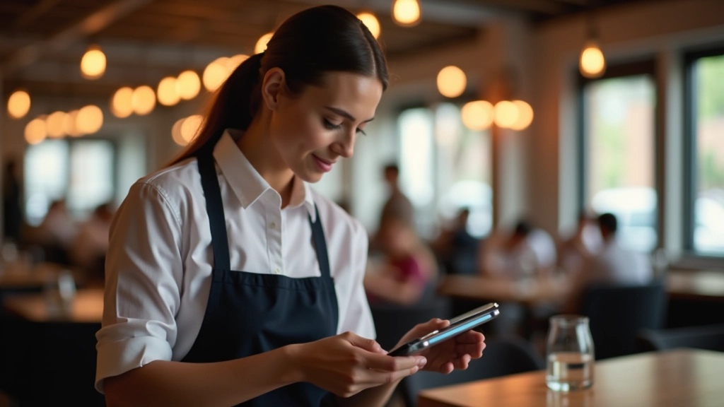 Restaurant staff member managing reservations at the host stand with tablet technology