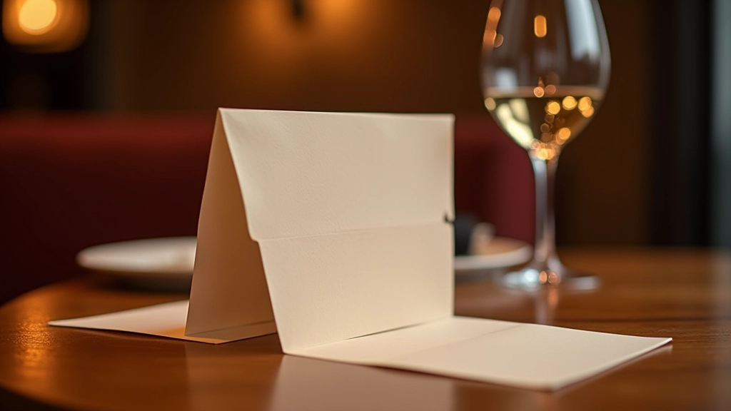 Restaurant menu card displayed on wooden table with wine glass and napkin