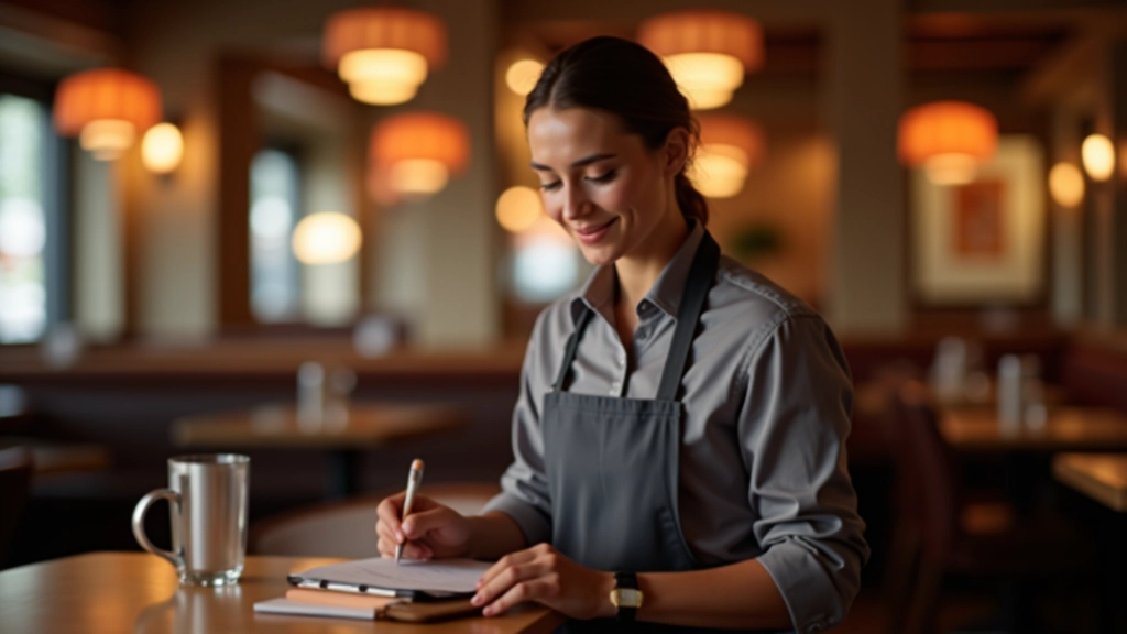 Server with notepad taking food order from diner at table