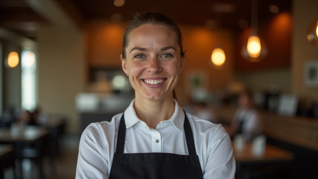 Smiling server in uniform holding multiple plated dishes at restaurant service